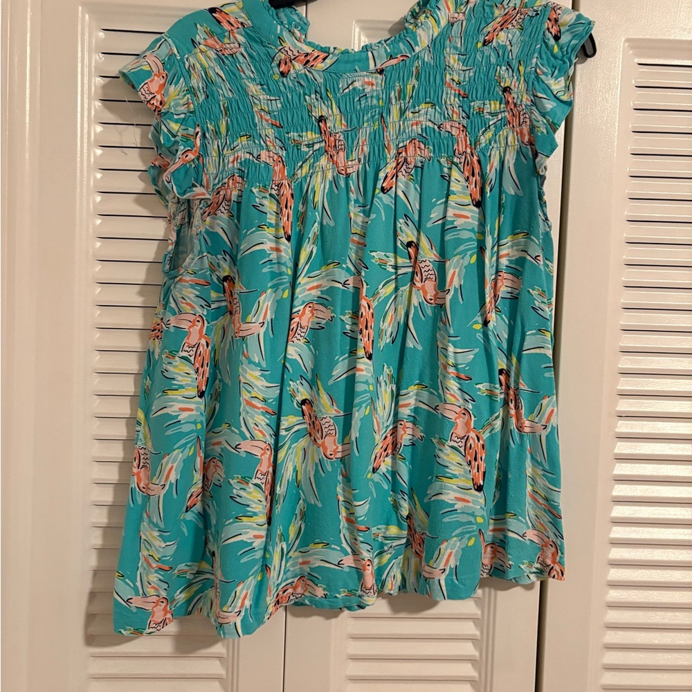 crown & ivy Blue and Pink Flamingo Blouse